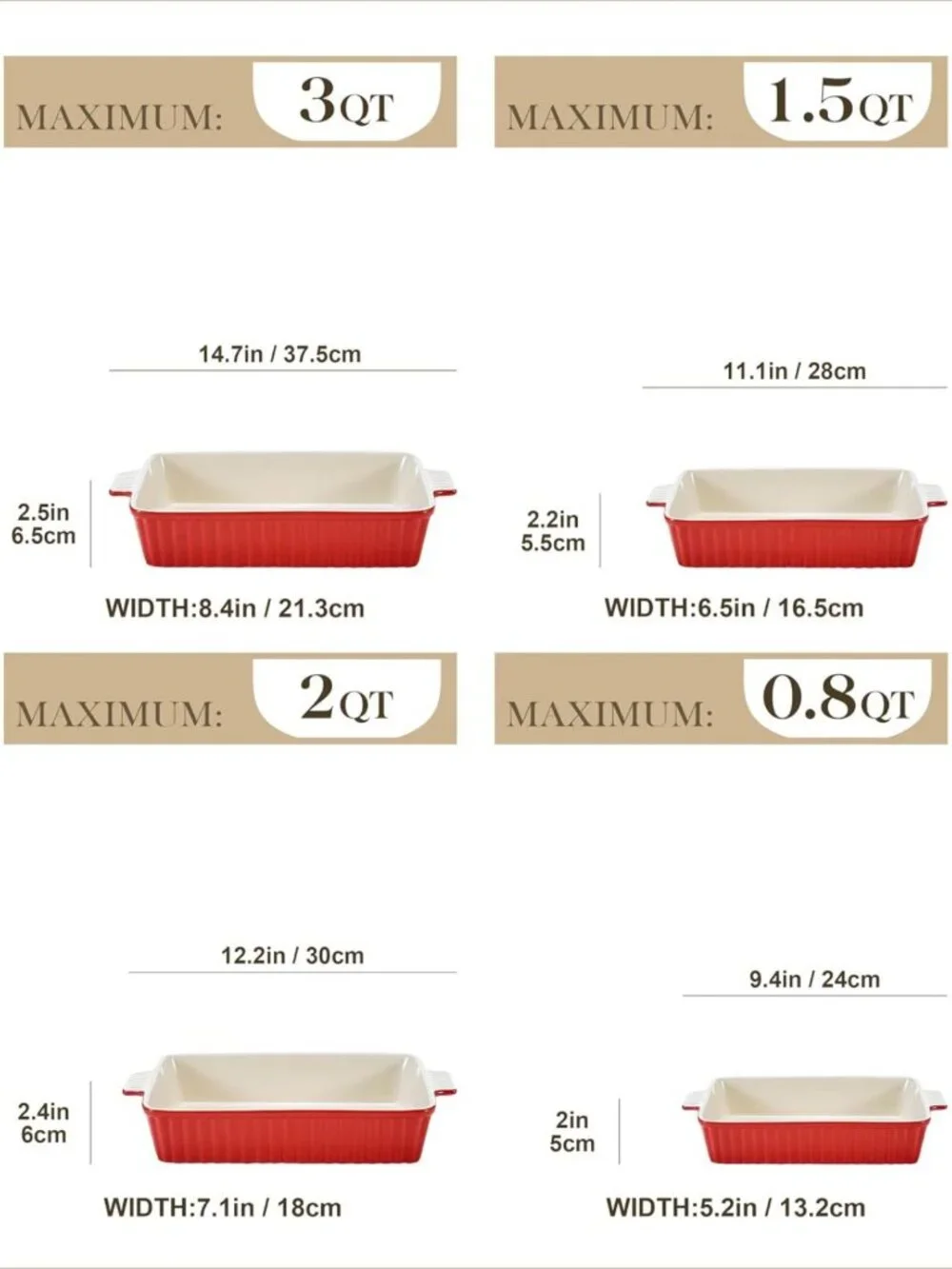 4-Piece Ceramic Bakeware Set for Oven - Casserole & Lasagna Dishes, Red